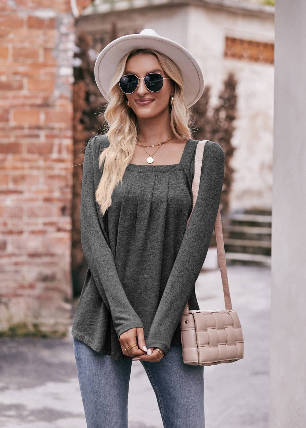 Top Square Neck Long Sleeve Charcoal / S