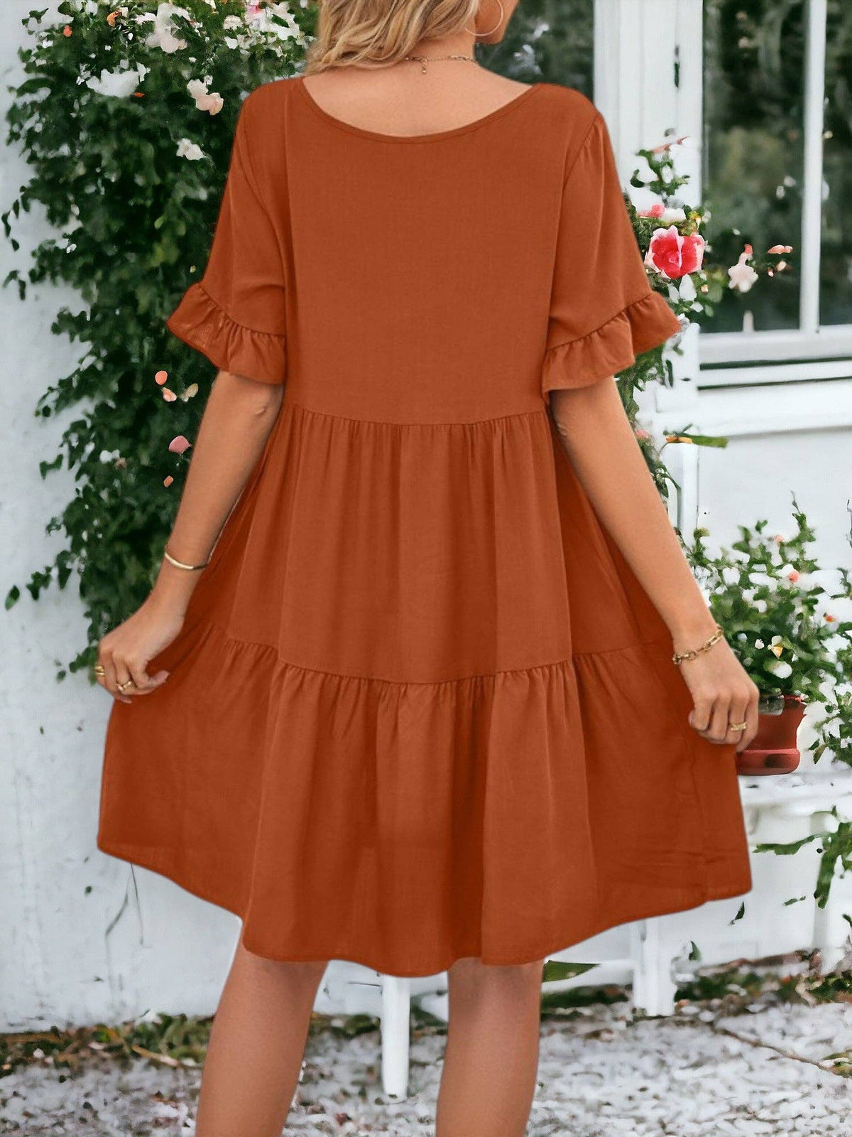 Solid Color V Neck Tiered Dress: Olive Green / Small 4-6