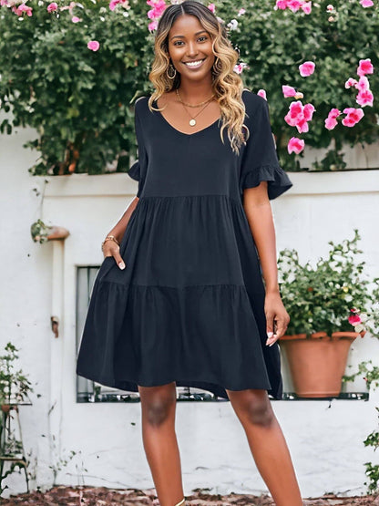 Solid Color V Neck Tiered Dress: Olive Green / Small 4-6