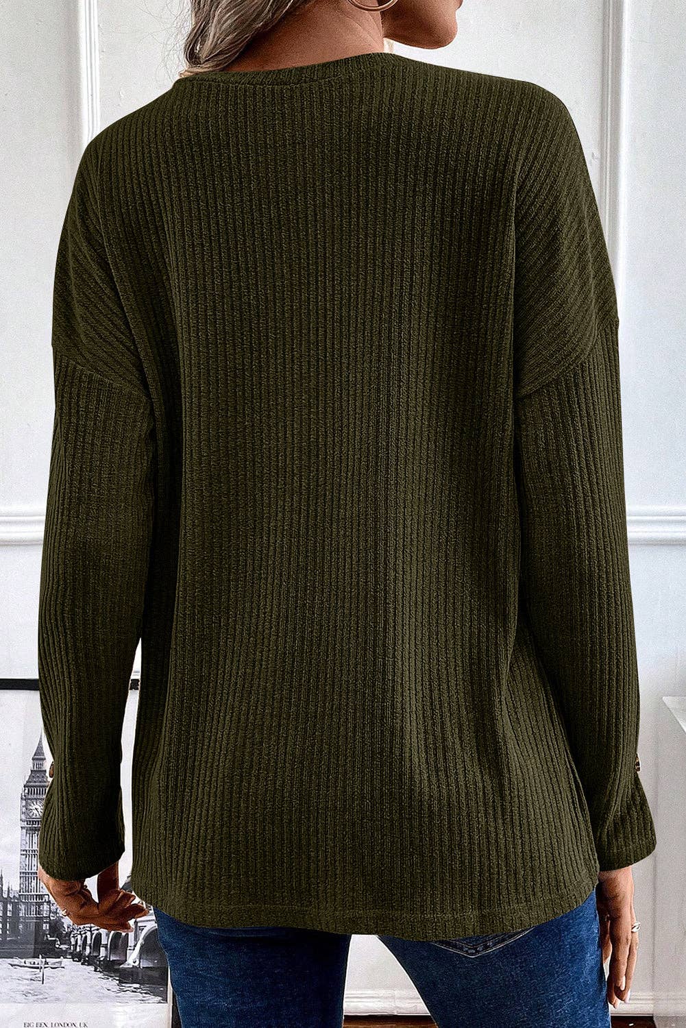Long Sleeve Henley Top: Pale Khaki / L