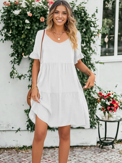 Solid Color V Neck Tiered Dress: Olive Green / Small 4-6
