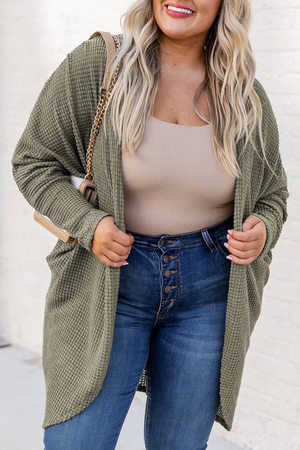 Plus Size Waffle Knit Open Front Cardigan: Seagrass / 1X