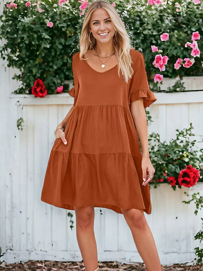 Solid Color V Neck Tiered Dress: Olive Green / Small 4-6