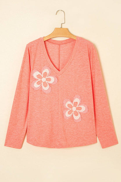 Floral Patchwork Long Sleeve T-Shirt: Fresh Salmon / M
