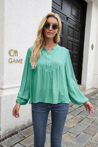 Top Babydoll Henley Blouse: Orange Red / L