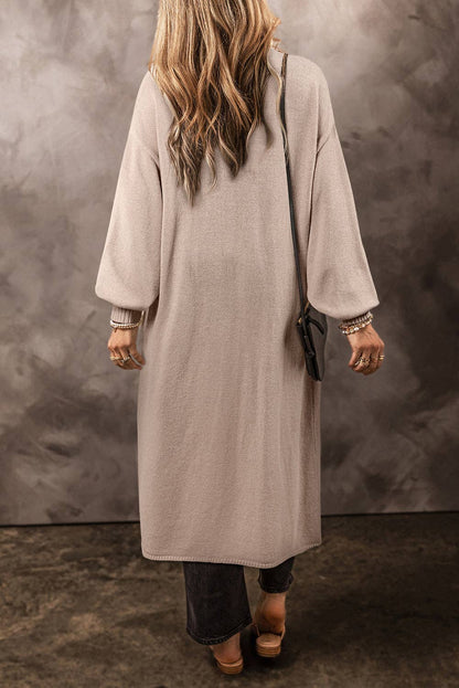 Open Front Pocketed Long Cardigan: Beige / S