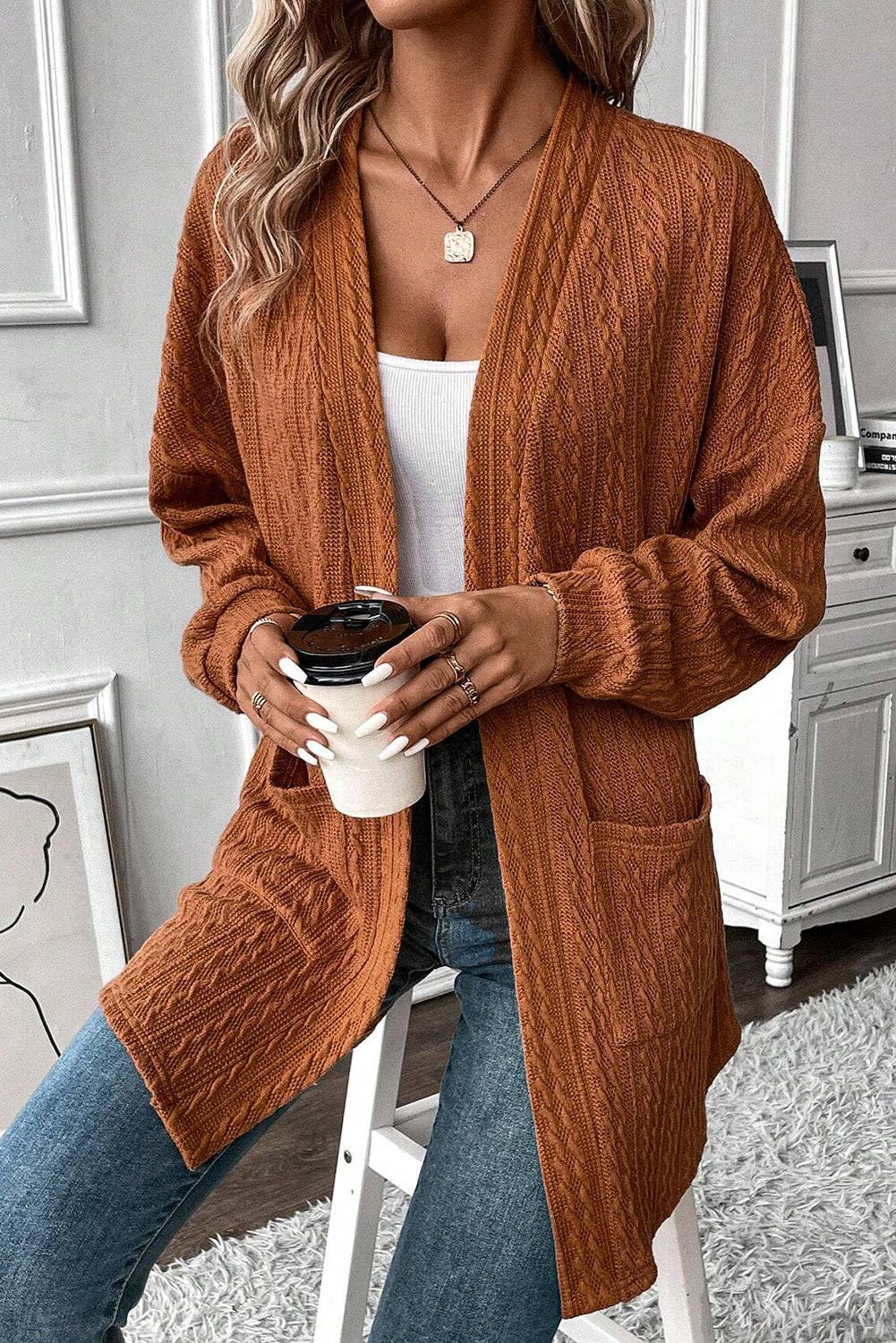 Texture Knit Open Front Cardigan: Chestnut / L