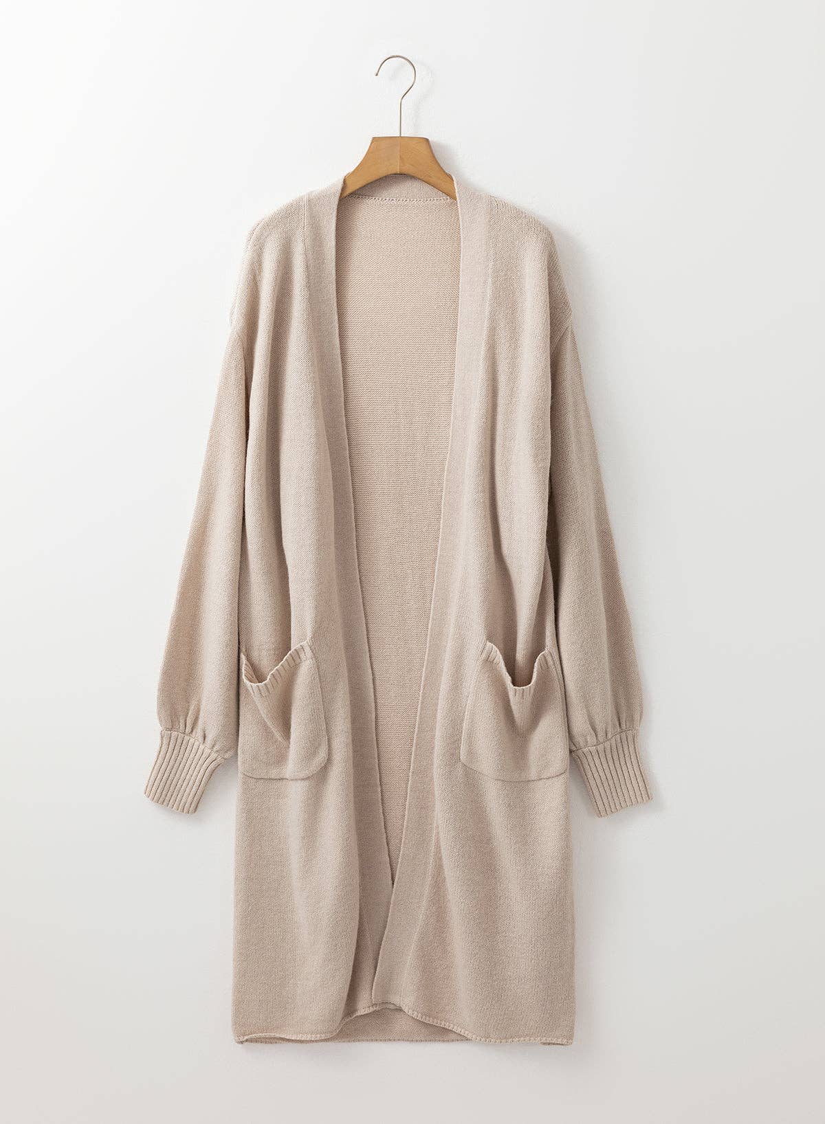 Open Front Pocketed Long Cardigan: Beige / S