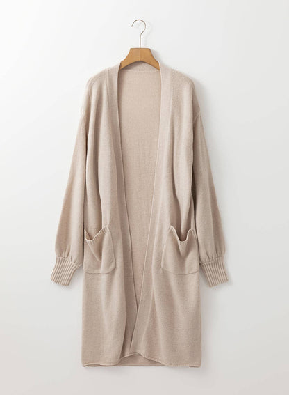 Open Front Pocketed Long Cardigan: Beige / S