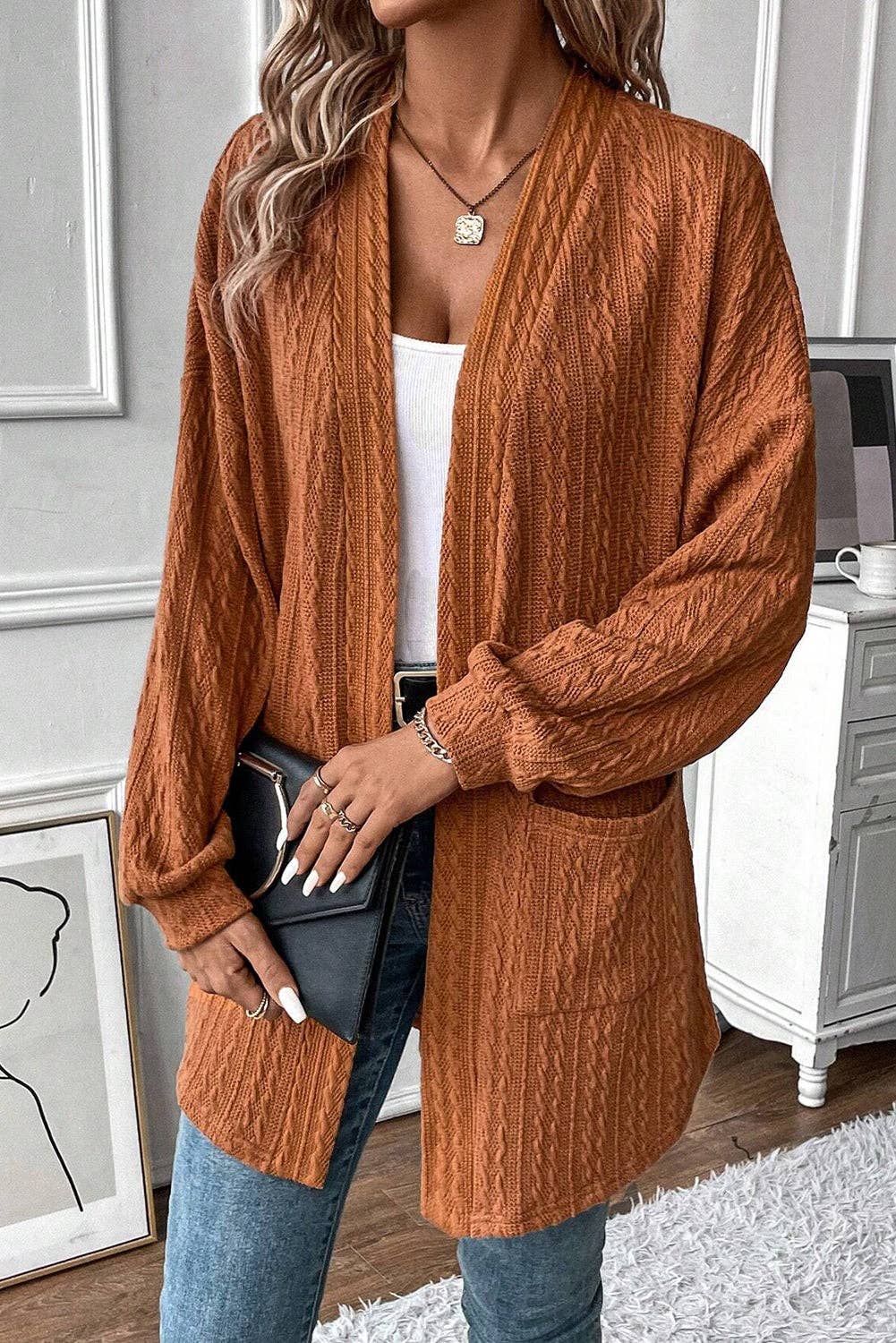 Texture Knit Open Front Cardigan: Chestnut / L