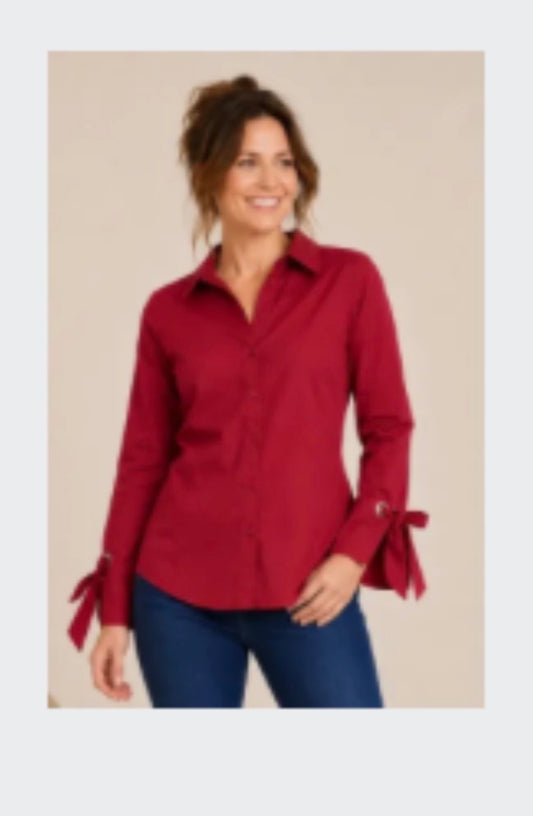 Red Poplin Button Front Blouse w/ Bow Tie Cuffs