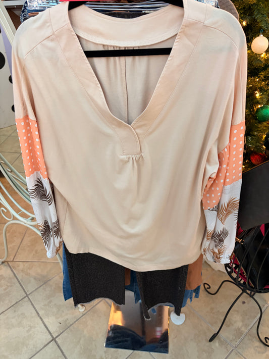 Long Sleeve Beige V-Neck Blouse