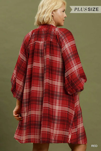 Umgee Plaid V-Neck Balloon Sleeve Shift Dress Plus