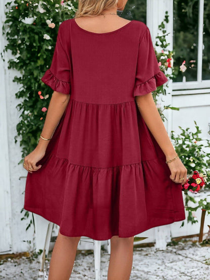 Solid Color V Neck Tiered Dress: Olive Green / Small 4-6