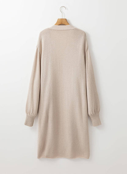Open Front Pocketed Long Cardigan: Beige / S