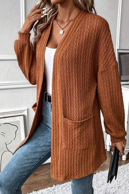 Texture Knit Open Front Cardigan: Chestnut / L