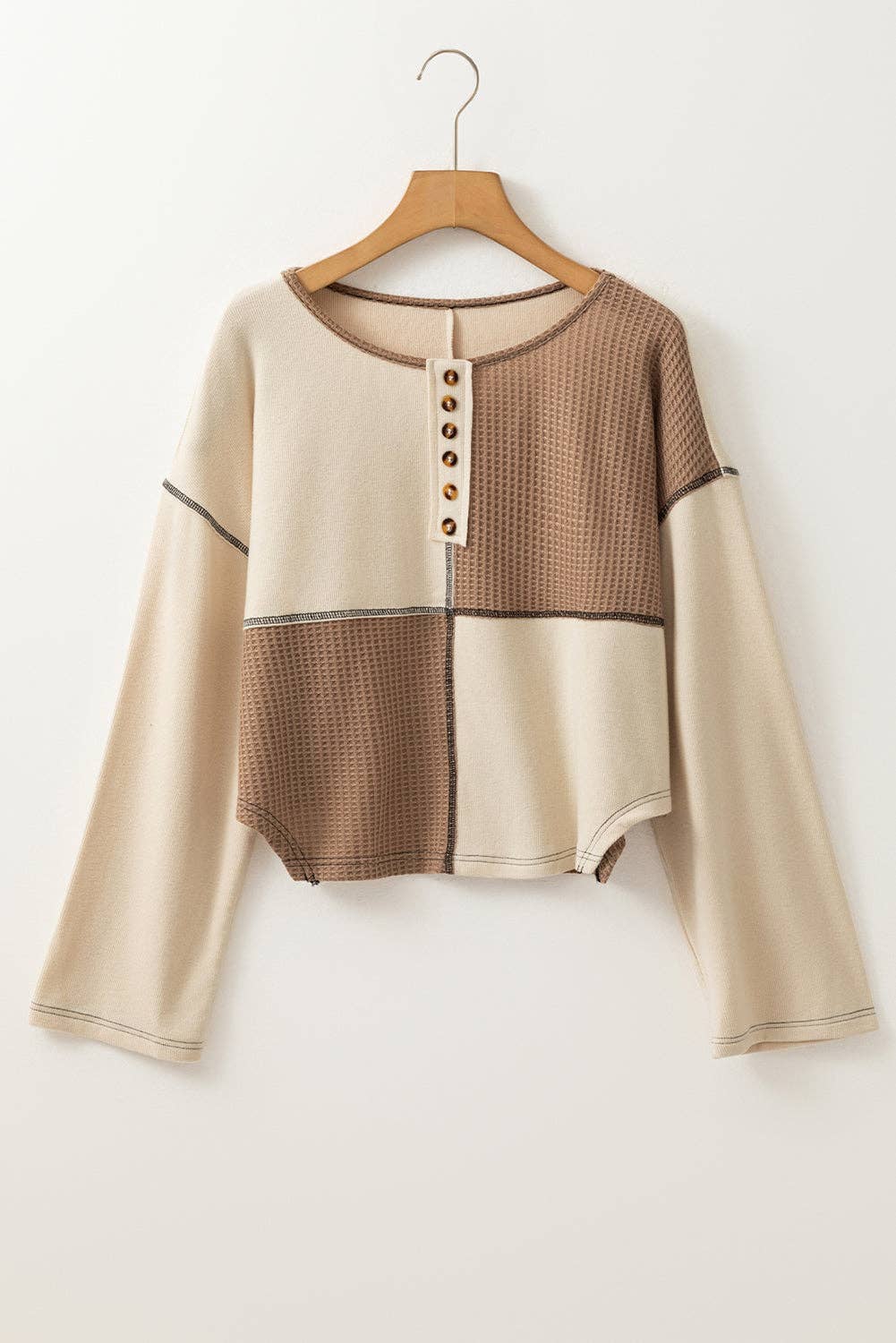 Colorblock Waffle Long Sleeve Top: Beige / XL