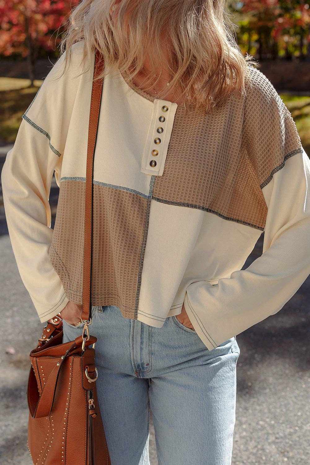 Colorblock Waffle Long Sleeve Top: Beige / XL