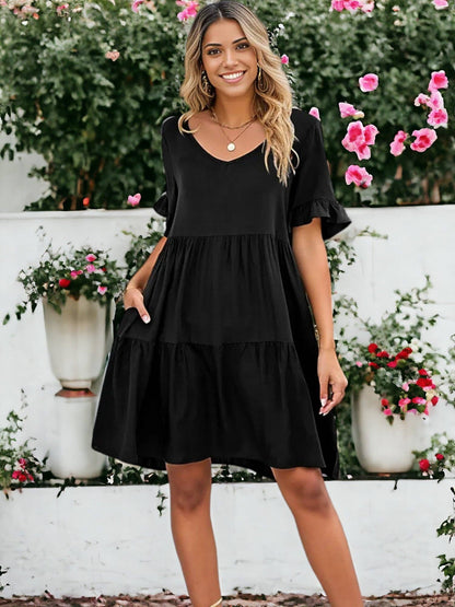 Solid Color V Neck Tiered Dress: Olive Green / Small 4-6