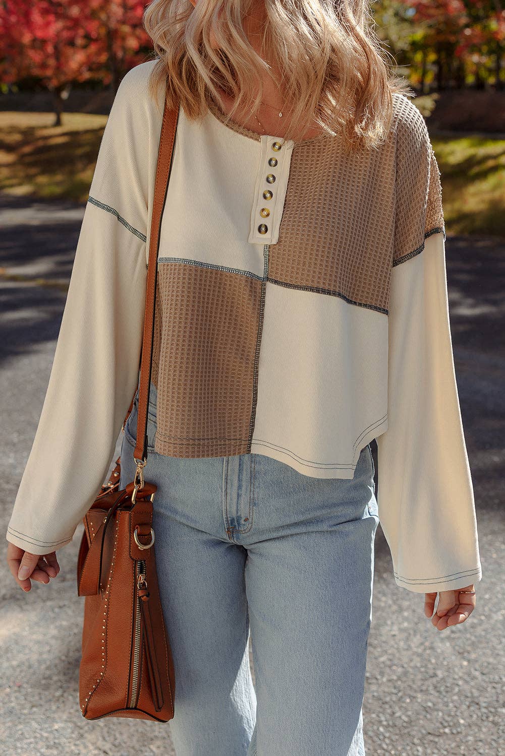 Colorblock Waffle Long Sleeve Top: Beige / L