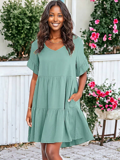 Solid Color V Neck Tiered Dress: Olive Green / Small 4-6