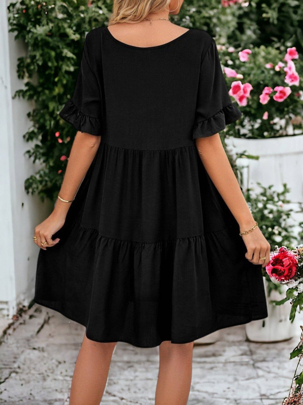 Solid Color V Neck Tiered Dress: Olive Green / Small 4-6