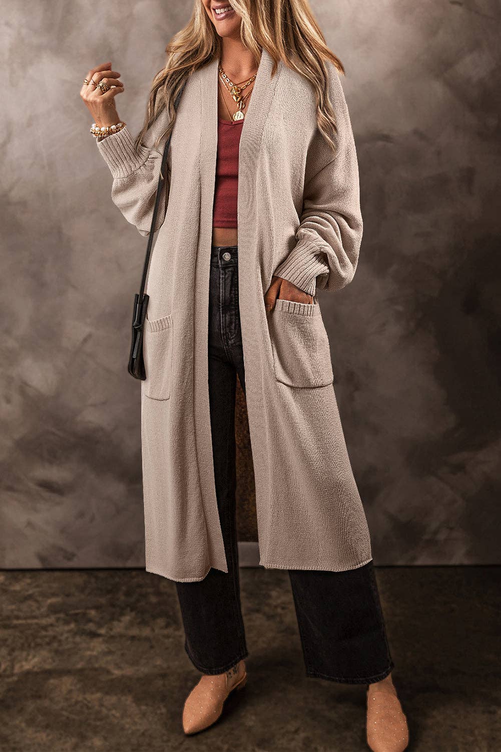 Open Front Pocketed Long Cardigan: Beige / S