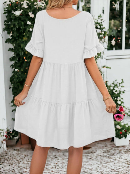 Solid Color V Neck Tiered Dress: Olive Green / Small 4-6