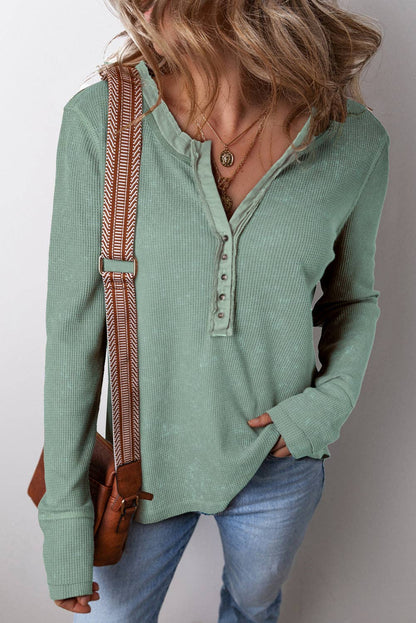 Acid Wash Waffle Long Sleeve Top: Smoke Green / M