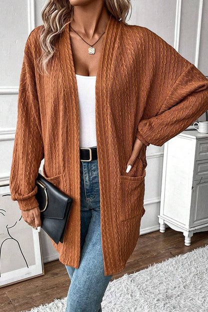 Texture Knit Open Front Cardigan: Chestnut / L