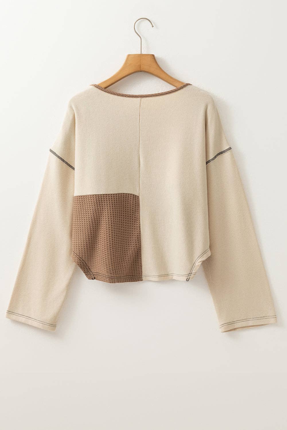 Colorblock Waffle Long Sleeve Top: Beige / XL
