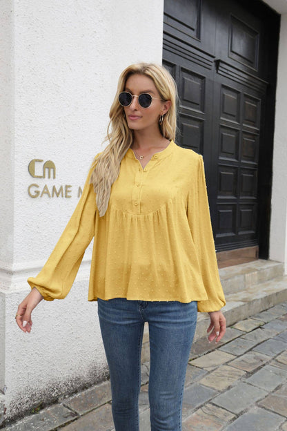 Top Babydoll Henley Blouse: Orange Red / L