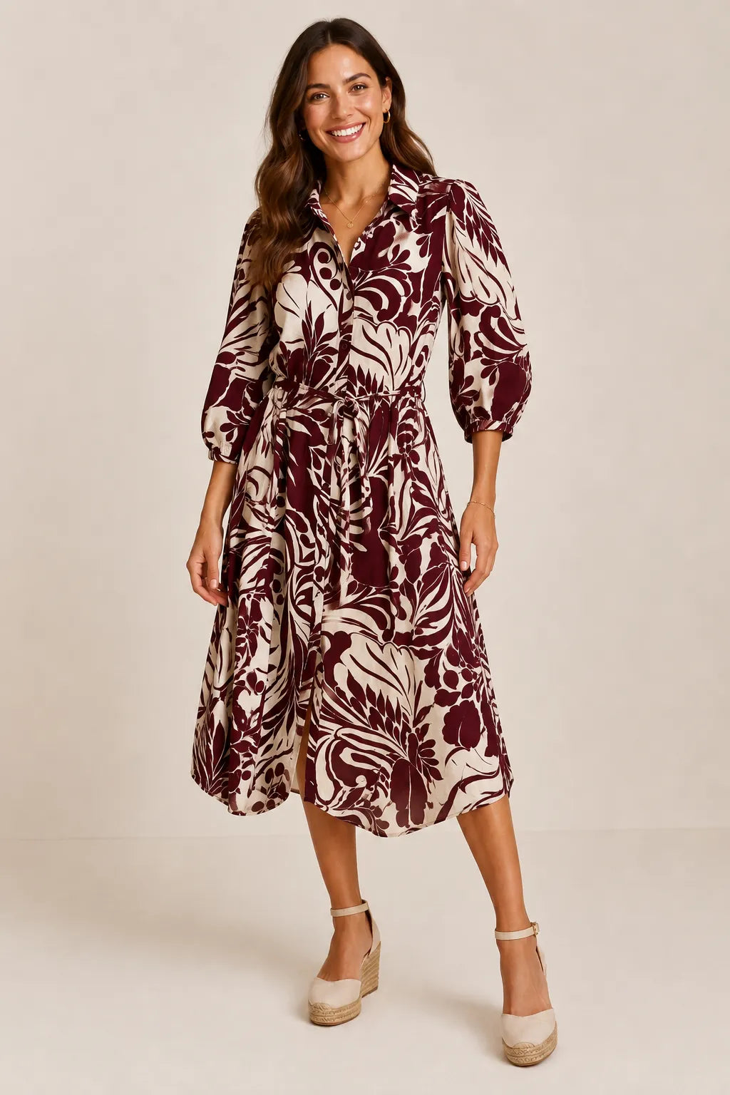 3/4 BALLOON SLEEVE LEAF BUTTON DOWN MIDI DRESS