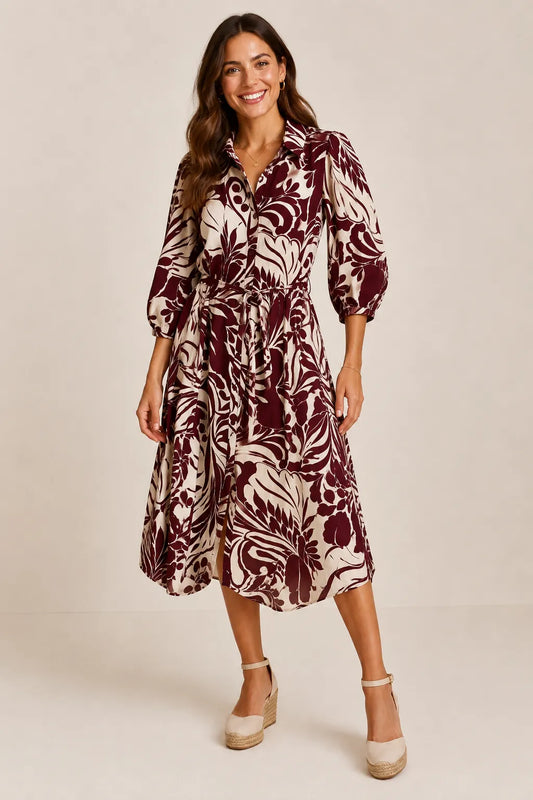 3/4 BALLOON SLEEVE LEAF BUTTON DOWN MIDI DRESS