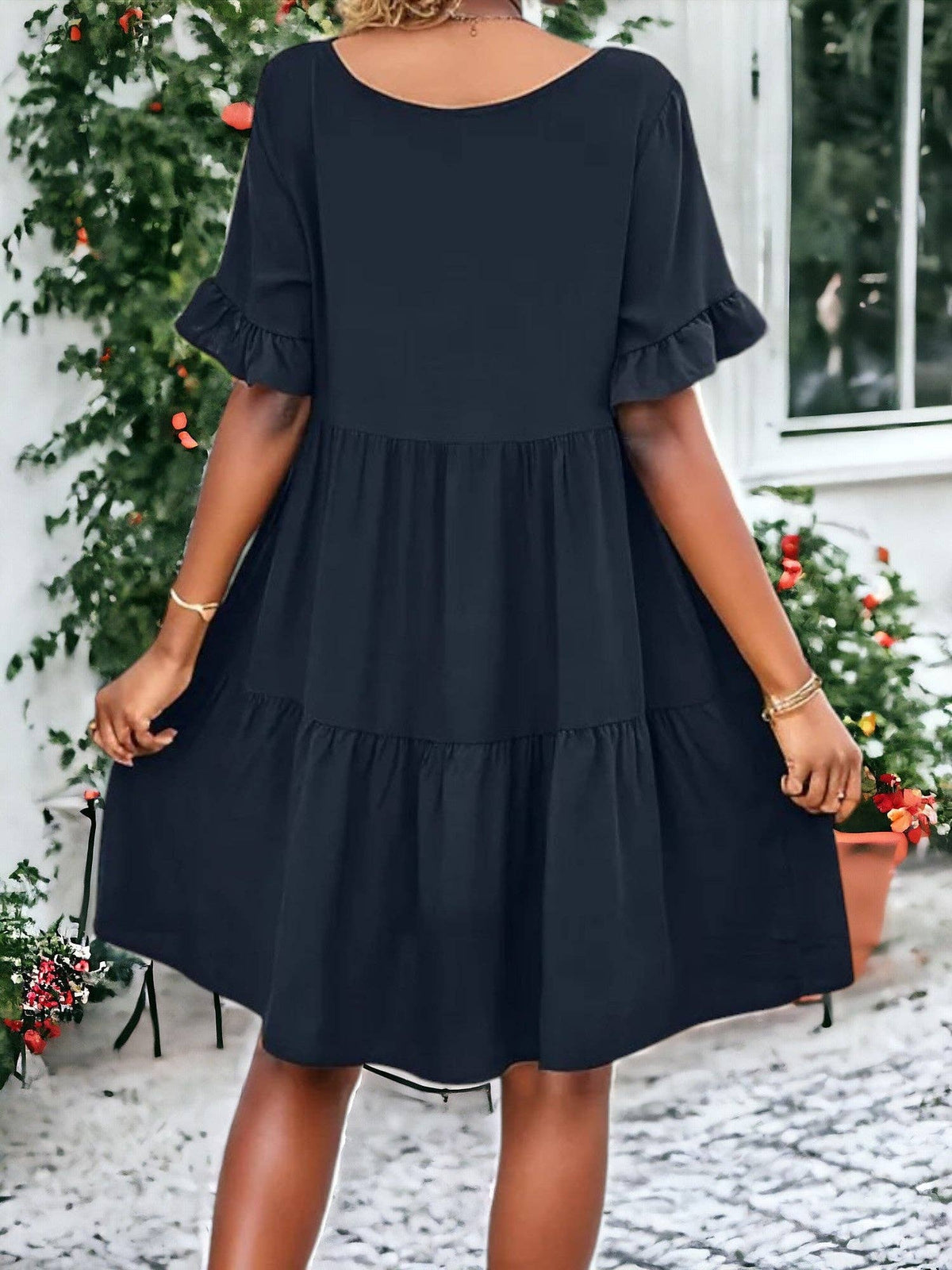 Solid Color V Neck Tiered Dress: Olive Green / Small 4-6
