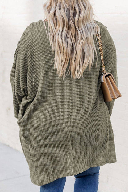 Plus Size Waffle Knit Open Front Cardigan: Seagrass / 1X