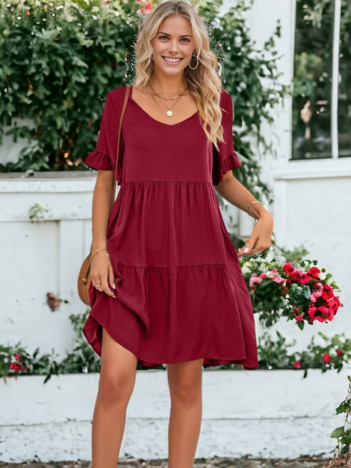 Solid Color V Neck Tiered Dress: Olive Green / Small 4-6
