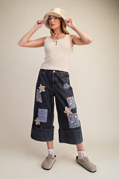 Patchwork Wide Leg Denim Pants