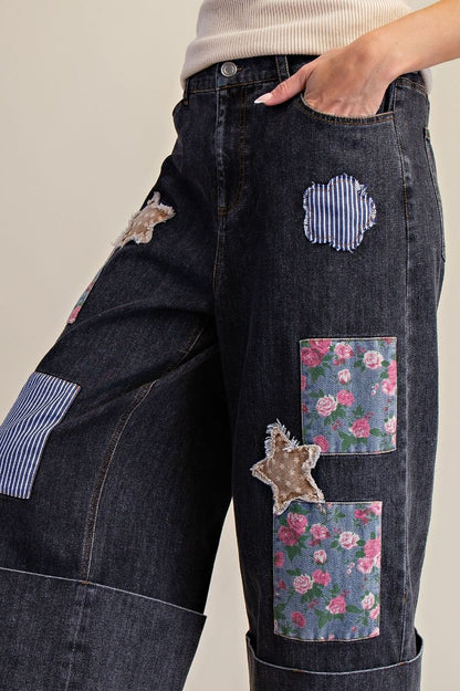 Patchwork Wide Leg Denim Pants