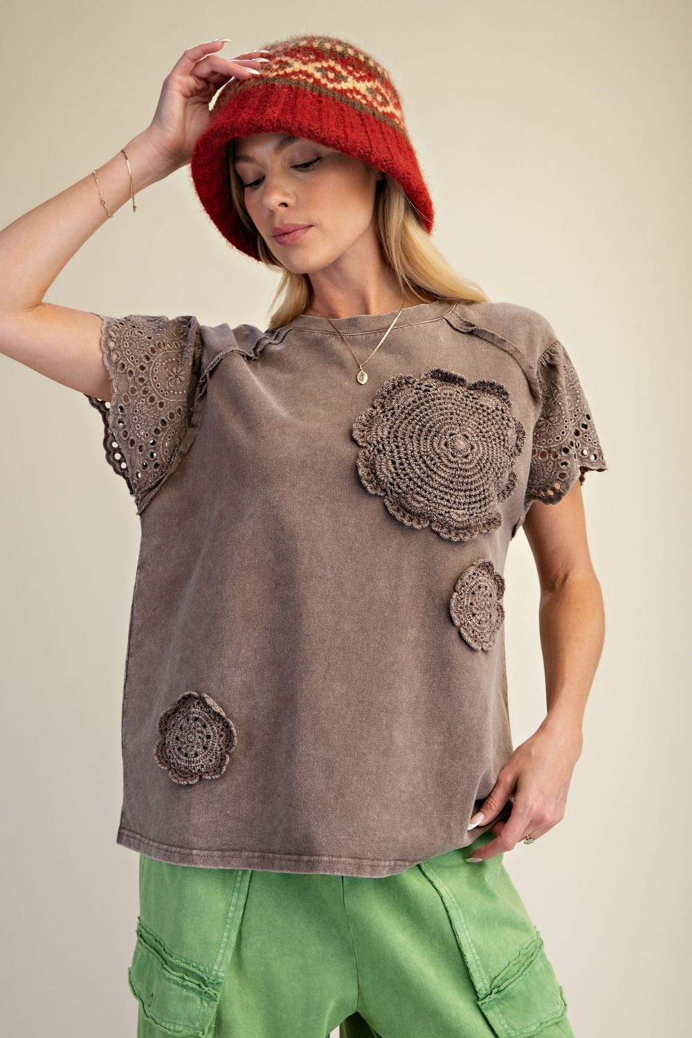 CROCHET PATCH FRONT WASHED TERRY TOP