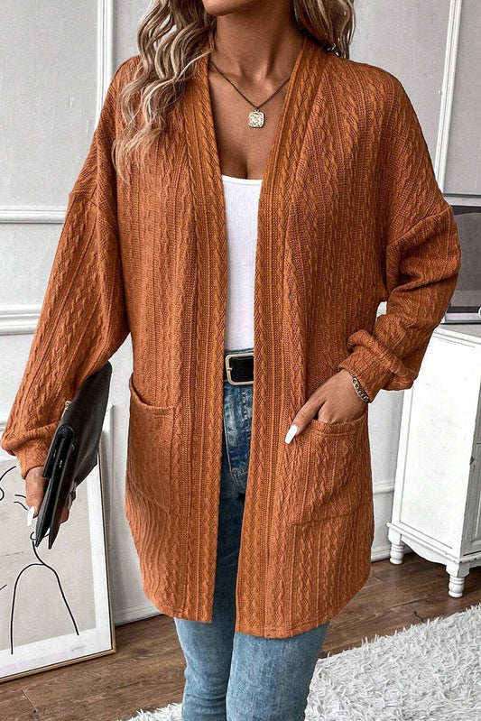Texture Knit Open Front Cardigan: Chestnut / L