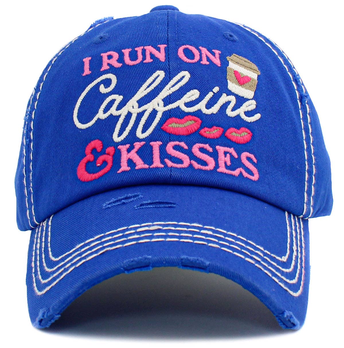KBV1439 "I Run On Caffeine & Kisses" Washed Vintage Ballcap: Diamond Blue
