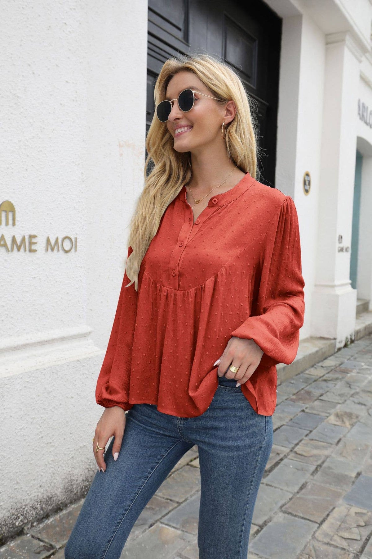 Top Babydoll Henley Blouse: Orange Red / L