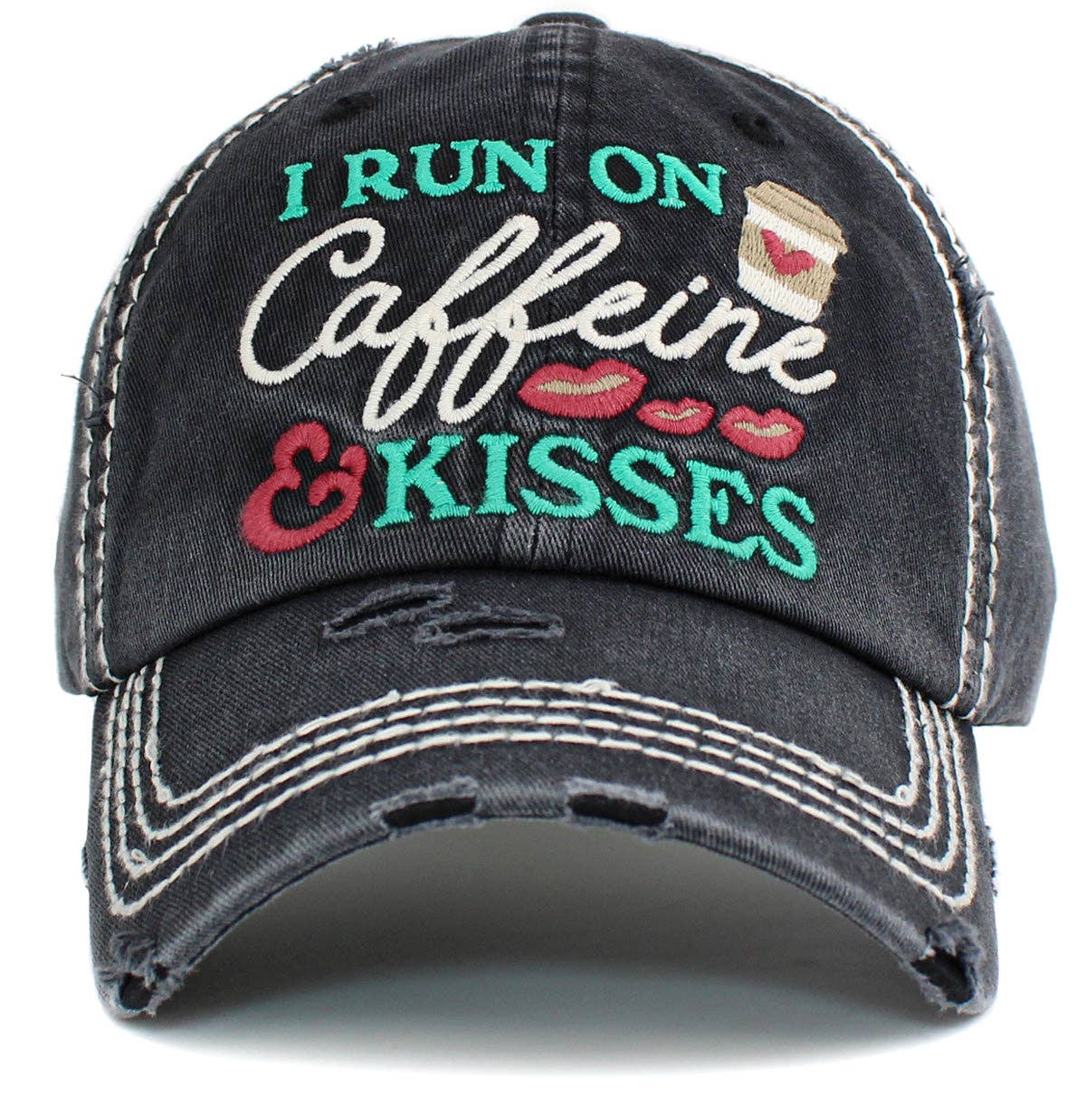KBV1439 "I Run On Caffeine & Kisses" Washed Vintage Ballcap: Diamond Blue