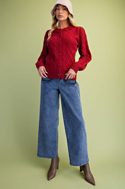 Easel Cable Knit Cardigan Red - additional product image