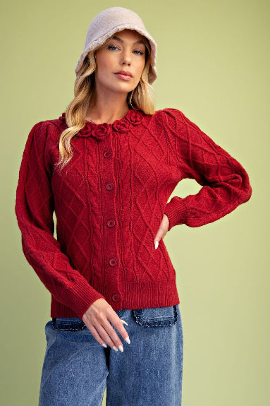 Easel Cable Knit Cardigan Red
