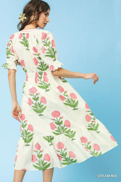Floral Smocked Midi Dress Cream/Pink Floral