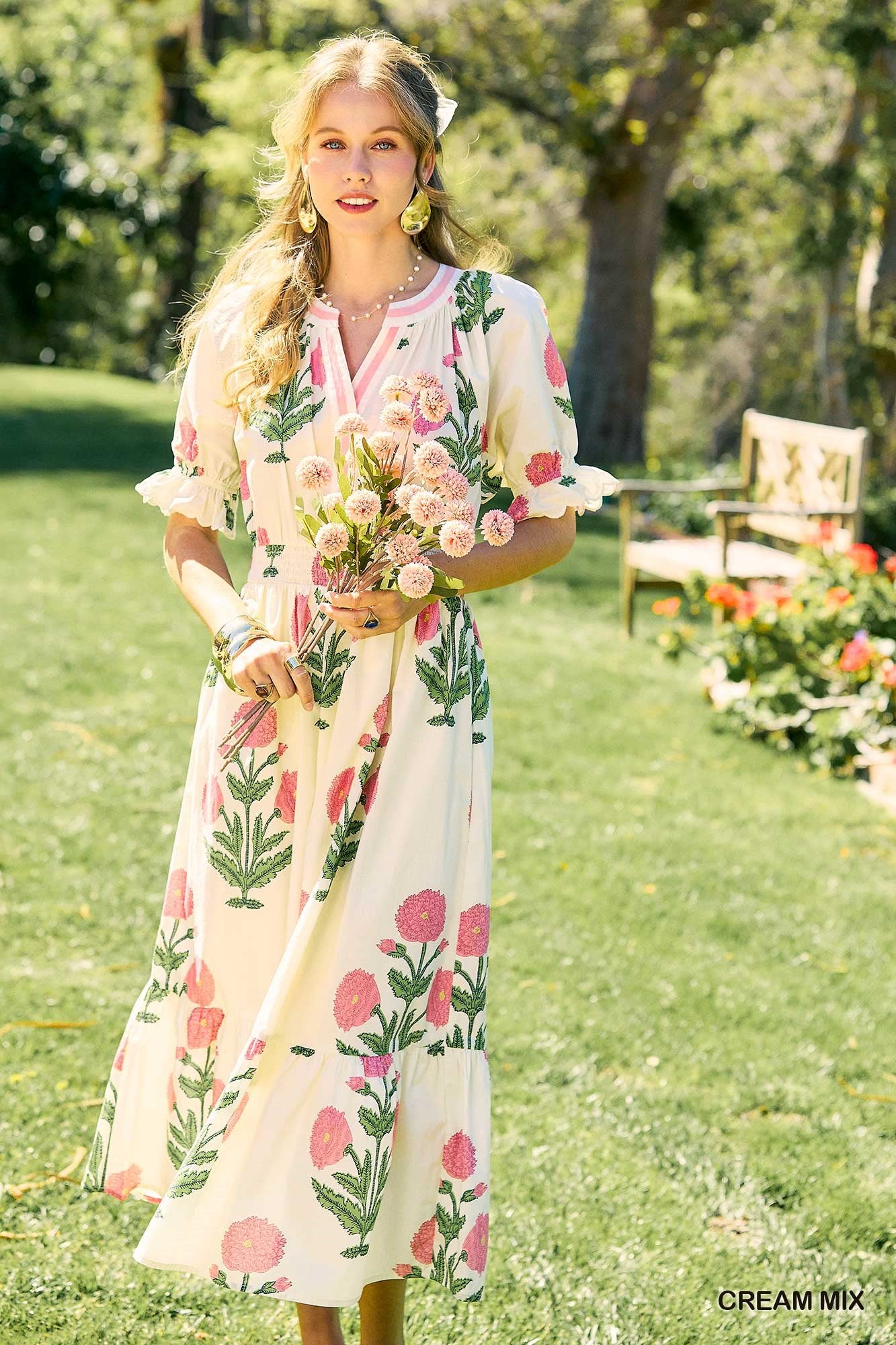 Floral Smocked Midi Dress Cream/Pink Floral