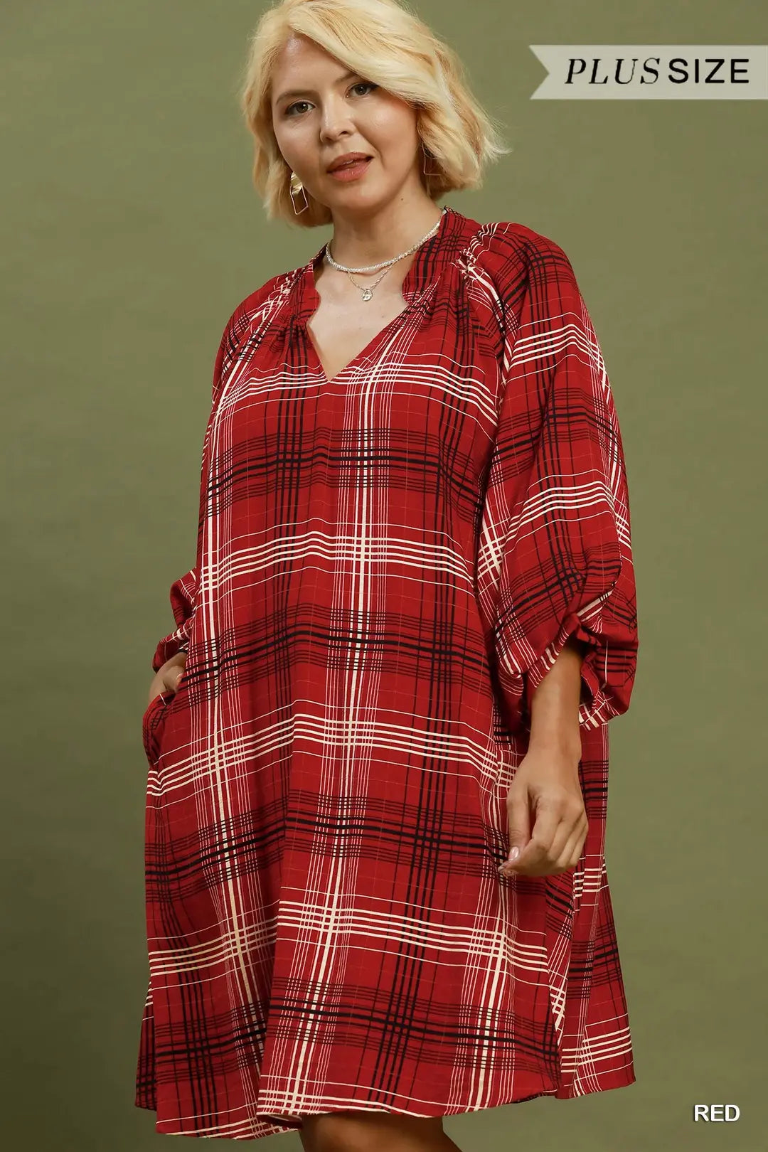 Umgee Plaid V-Neck Balloon Sleeve Shift Dress Plus