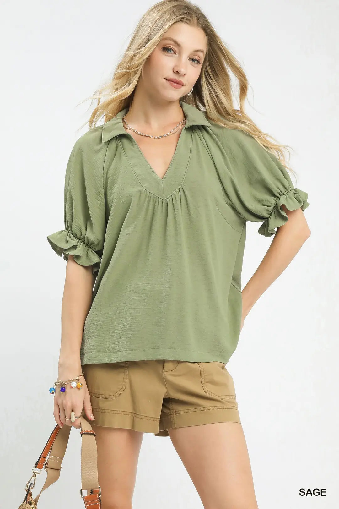 Umgee Solid Collared V-Neck Top
